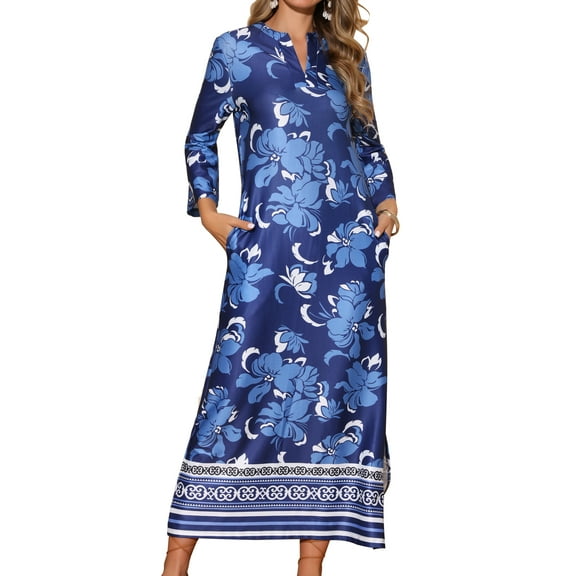 DARING DIVA Boho Long V Neck 3/4 Sleeve Side Slit Floral Maxi Dress S Dark Blue