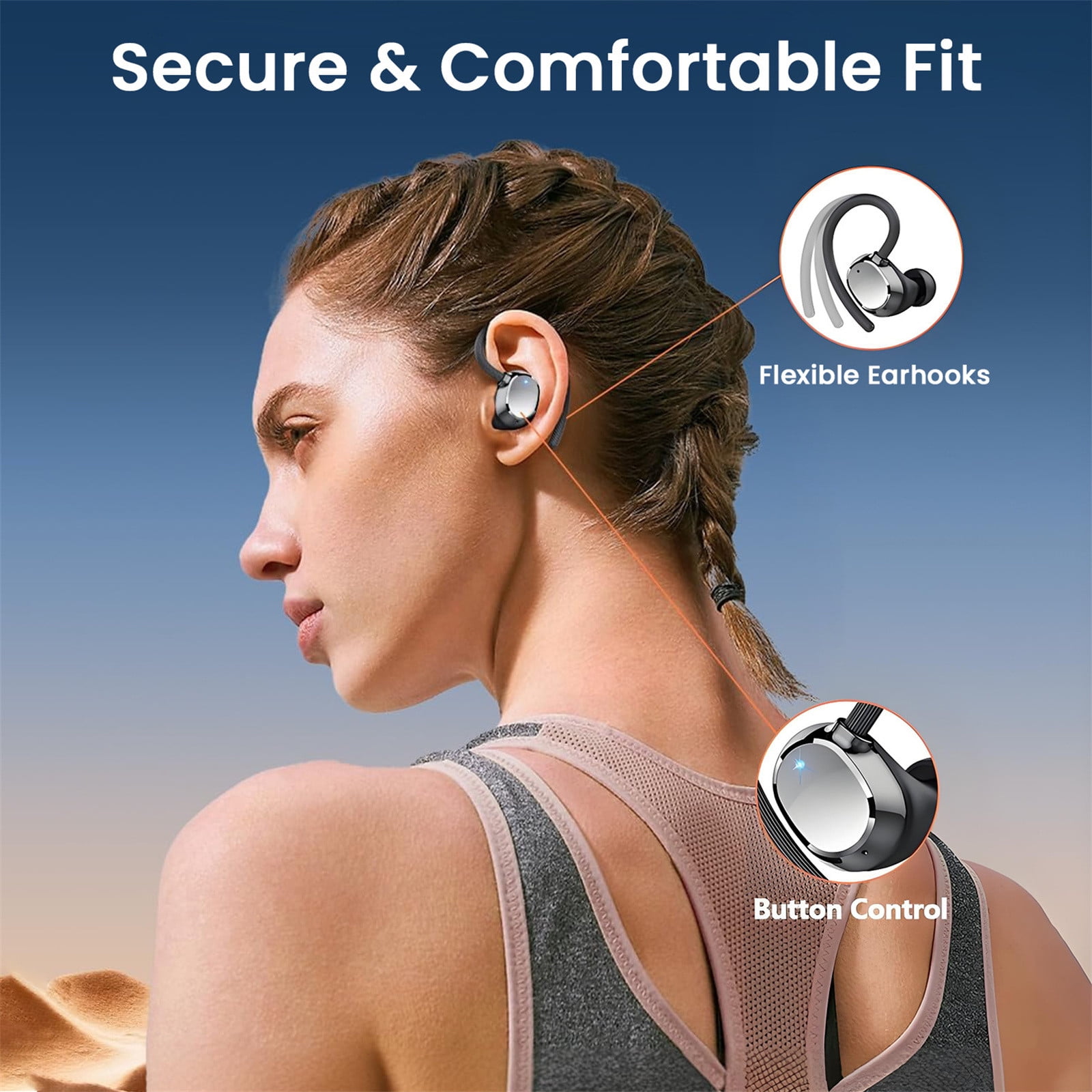 Ear Buds Wireless Bluetooth Earbuds Sport with LED Display 128H Playtime Powerful Bass Over Ear Earphones with Earhooks IP7 Waterproof for Gym/Running/Workout,E