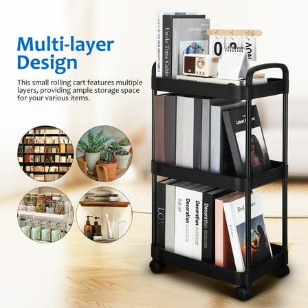 Rolling Cart,3-Tier Roller Book Snack Cart with Wheels, Utility Storage Organizer Carts（Black-28.3x14.7x10.2in）