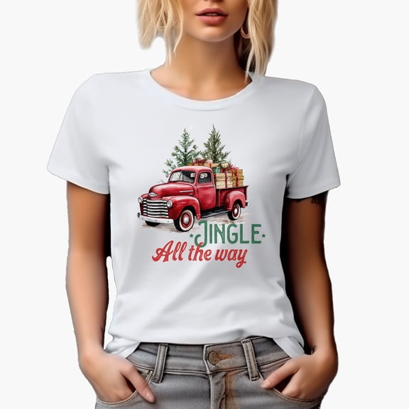 Jingle All the Way with Watercolor Red Christmas Truck, Presents & Trees Art Merch Gift, White T-Shirt, Small