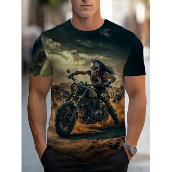 Men's Retro Motorcycle Rider Pattern T-Shirt - Retro Casual Crew Neck Short Sleeve T-Shirt with Dynamic Motorcycle Design, Perfect for Motorcycle Lovers and Vintage Fashion Lovers