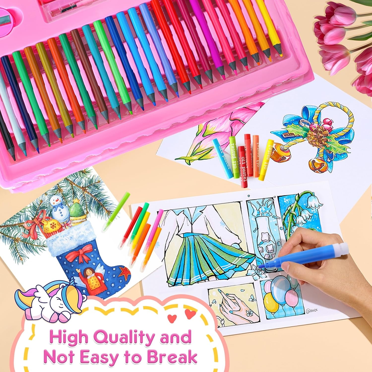 Drawing Art Kit,QZS Art Set Case with Trifold Easel,208-Piece Art Set Crafts Case,Crafts Drawing Coloring Kit with Oil Pastels,Colored Pencils(Pink)