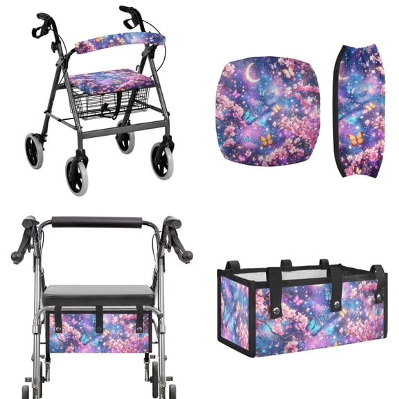 COEQINE Rollator Walker Seat & Backrest Rollbar Covers with Carry Storage Bag 3 Pack Set, Universal Size Decorative Cushion Cover for Women Men Elderly, Butterfly Floral Moon Galaxy