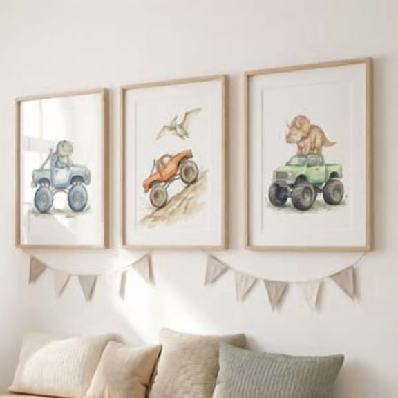 Dinosaur Monster Truck Wall Art Set of 3, Watercolor T-Rex Triceratops Pterodactyl Nursery Prints, Kids Room Decor Poster Set, Poster Only