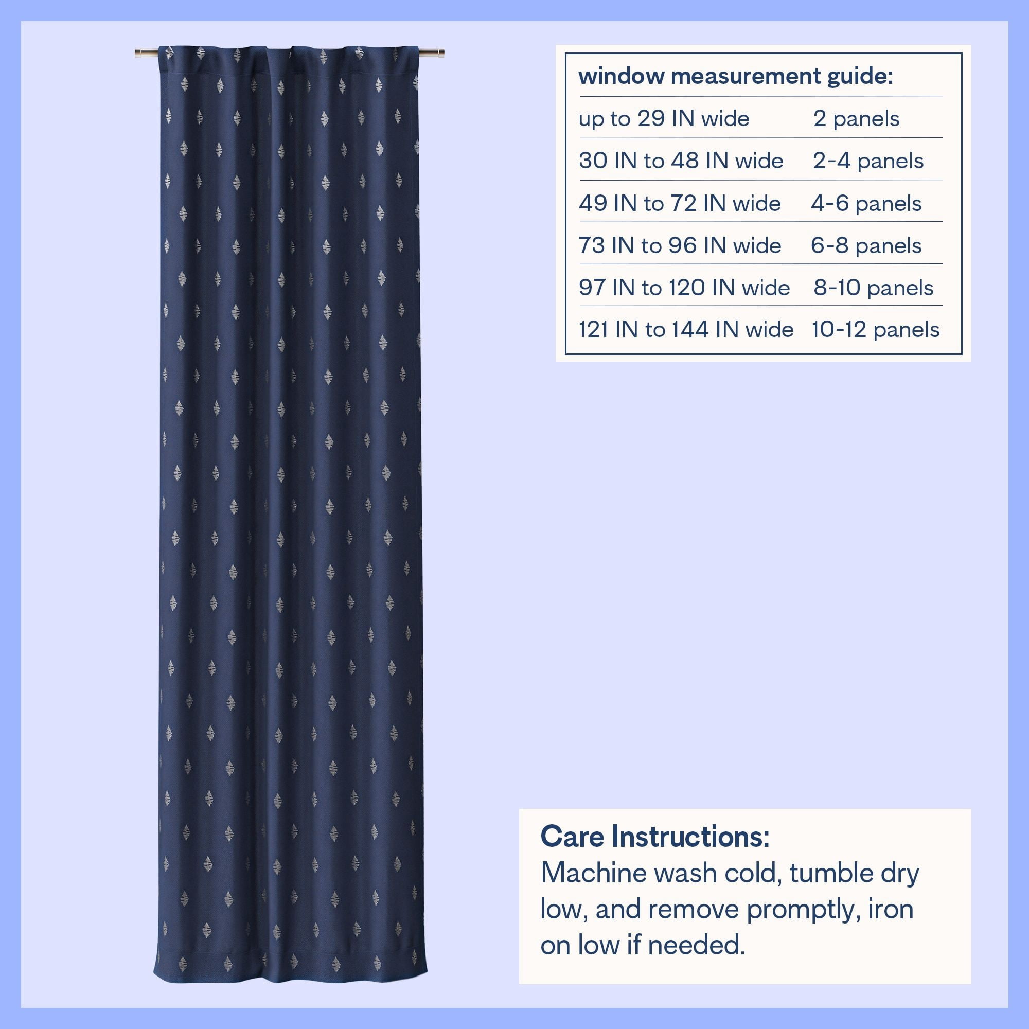 Mainstays Kids Navy Blue Metallic Puff Print Diamond Blackout Rod Pocket with Back Tabs Single Curtain Panel, 38" W x 95" L
