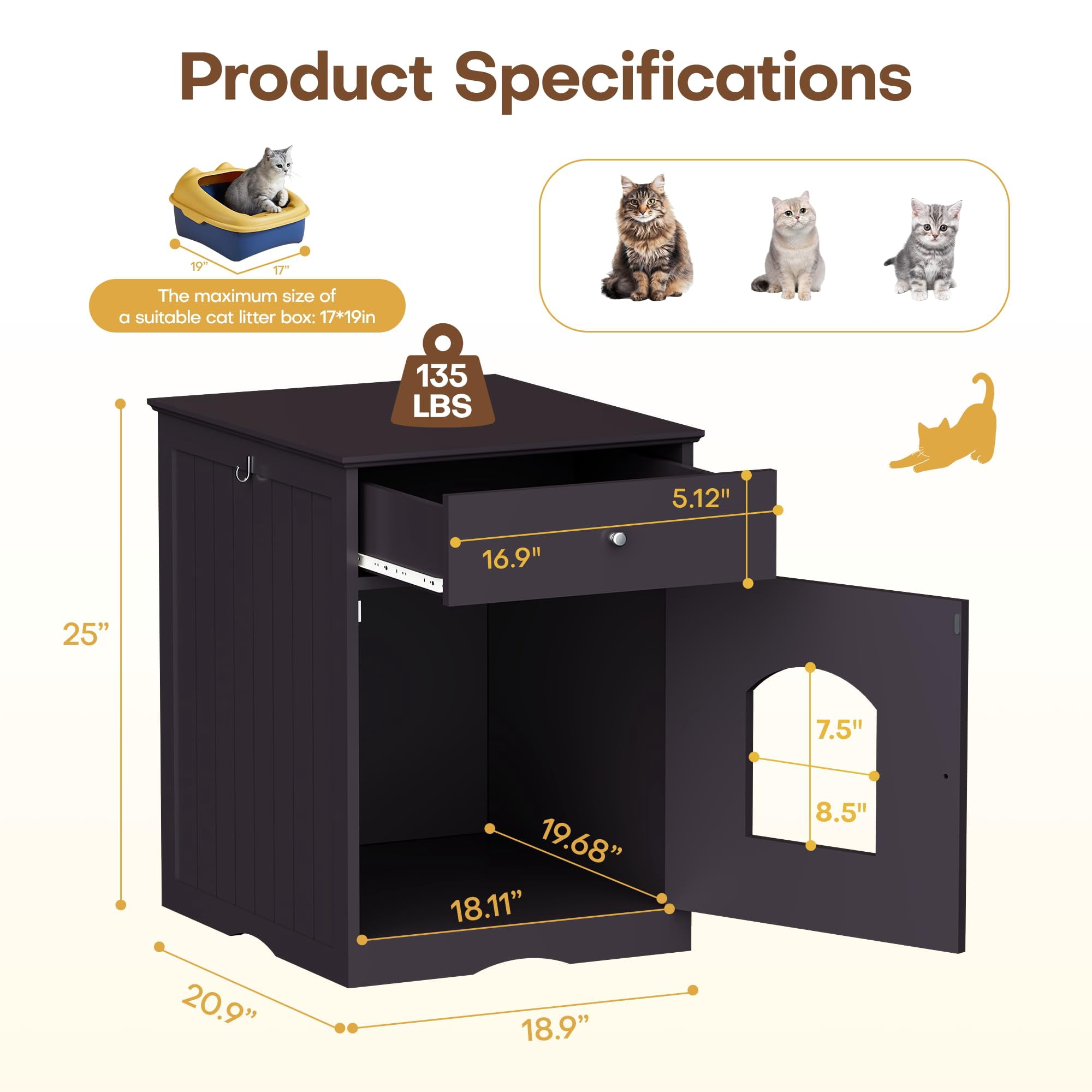 HOYOA 20" Cat House Covered for Indoor, Hidden Crate Litter Box Enclosure, Hooded Cats Furniture Cabinet Kitty Washroom, Brown