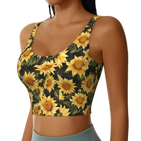 Haiem Vintage Black Plaid Sunflower Pattern Womens Sports Bra - U Neck Padded Low Impact Yoga Bra Workout Crop Top Gym Moisture-Wicking Workout Vest -X-Large