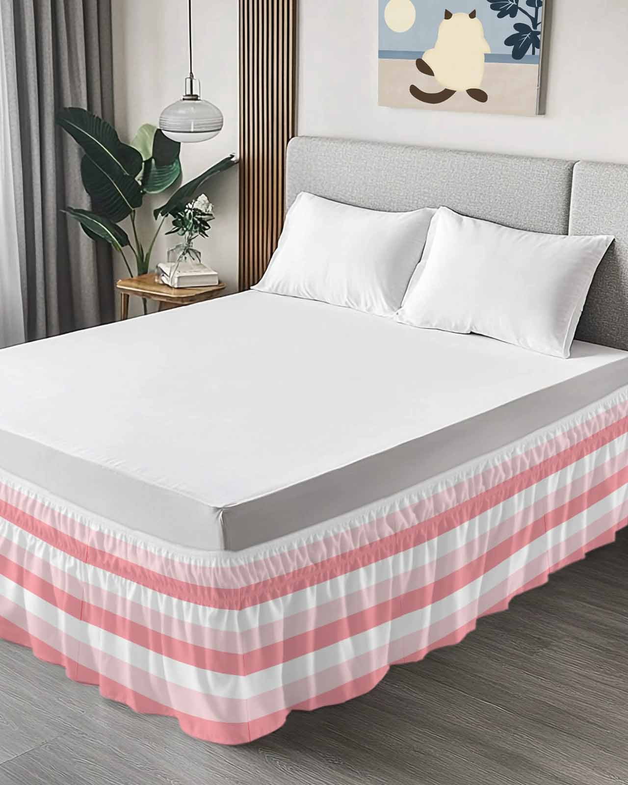 Pink White Striped Wrap Around Bed Skirts for California King Bed 16" Drop, Bed Skirt with Adjustable Elastic Belt Dust Ruffle Bed Valance for Bedroom Hotel Luxury Farmhouse Stripes Bed Frame Cover