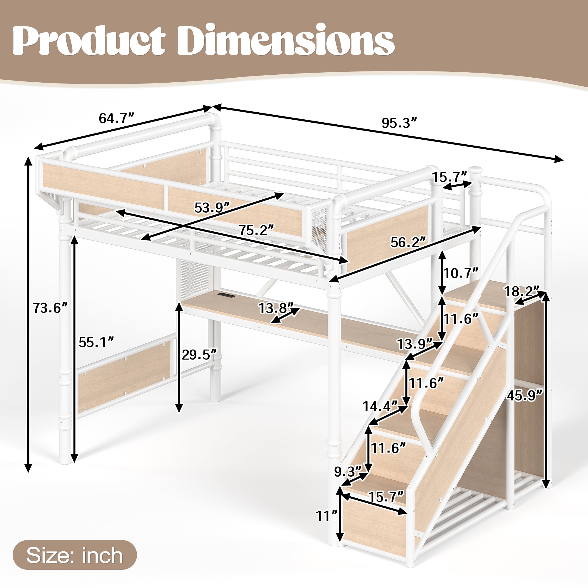 Leumius Full Size Metal Loft Bed with Built-in Desk & Power Outlet, LED Strip, Industrial Metal Loft Bed Frame with Pegboard & Mesh Storage Baskets, Storage Stairs with Wardrobe, White