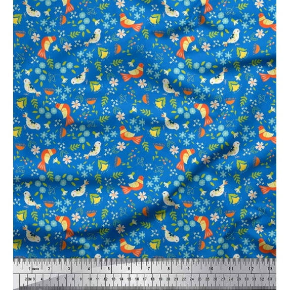 Soimoi Rayon Crepe Fabric Leaves,Bird & Floral Clip Art Decor Fabric Printed Yard 46 Inch Wide