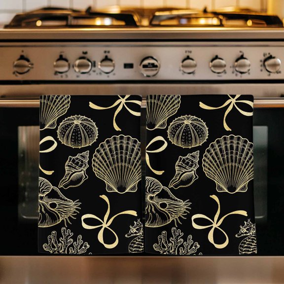 Ocean Conch Shell Kitchen Towels Set of 3, Black Coastal Seahorse Coral Yellow Bows Absorbent Dish Towels for Kitchen, Microfiber Hand Towel, Quick Drying Tea Towel for Cleaning Decorative Dishcloths