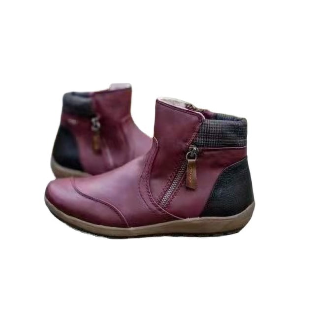 UKAP Ladies Ankle Boot Side Zip Flat Boots Retro Booties Street Short Bootie Slip Resistant Winter Shoes Wine Red 10