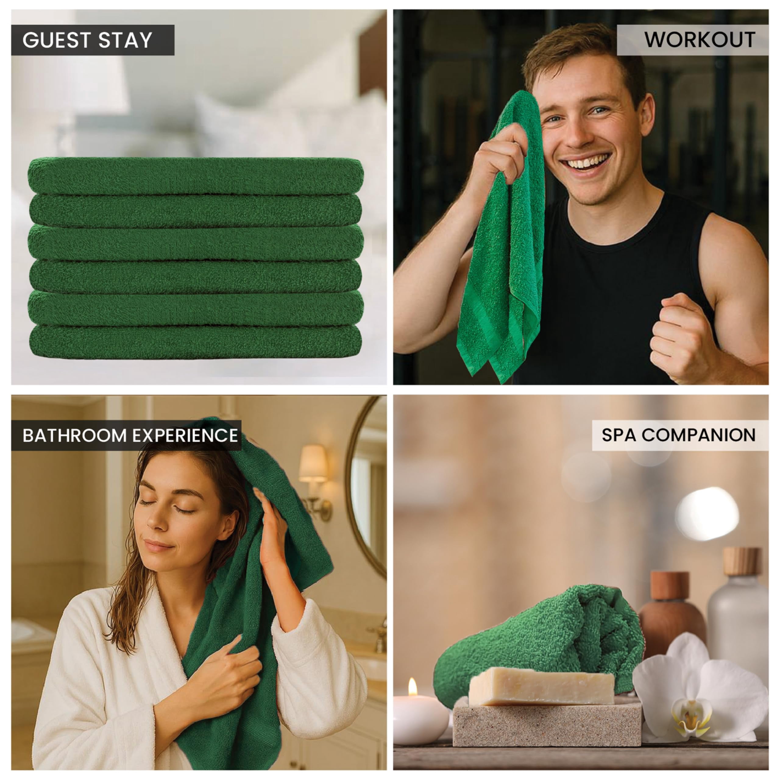 SupremePlus Premium Absorbent 16" x 27" 100% Ring Spun Cotton Hand Towels, Green 12 Count