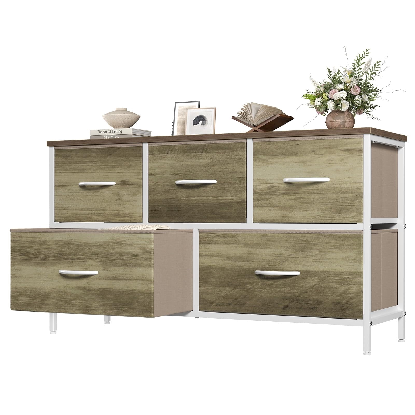 Telyra 5-Drawer Fabric Dresser TV Stand Organizer with Wood Top and Metal Frame, Oak Greige