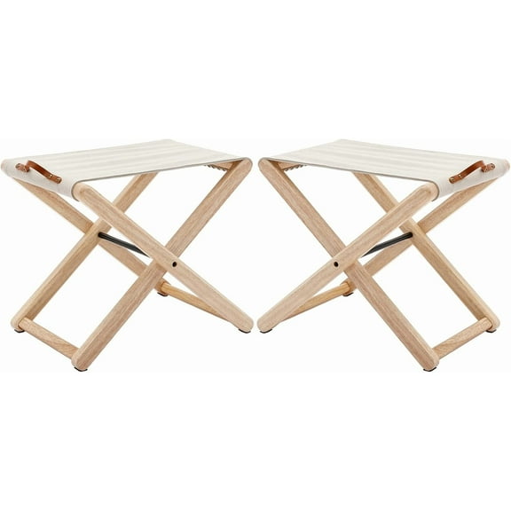 SSyao Wood Folding Camping Stools Set of 2, 18.5" Hardwood Portable Fishing Folding Stool with Heavy Duty Metal Support Canvas Camp Stool Foldable Footstool for Outdoor Hiking Picnic BBQ, Beige