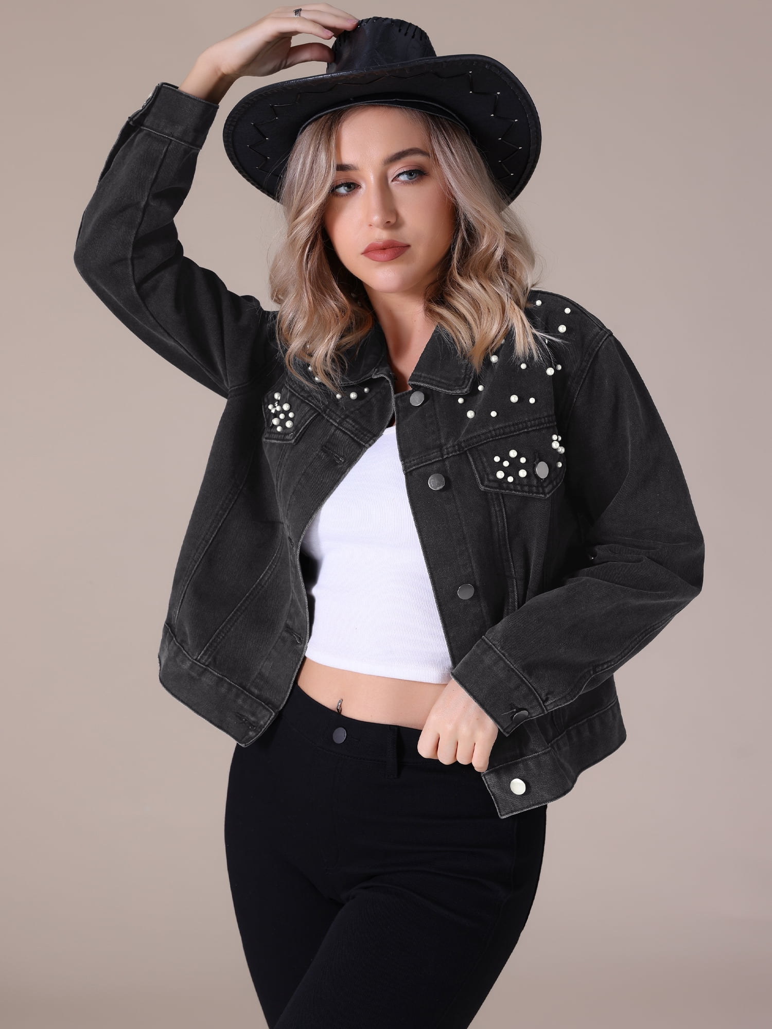Unique Bargains Women's Jean Jacket Long Sleeve Button Up Denim Jackets L Black