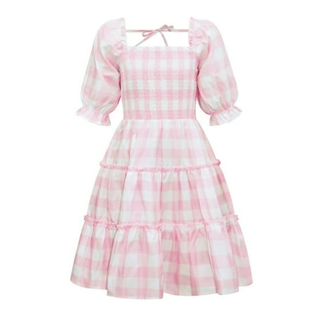 

Baozhu Kids Girl s Floral Puff Short Sleeve A Line Midi Dress Square Neck Flared Swing Summer Dresses