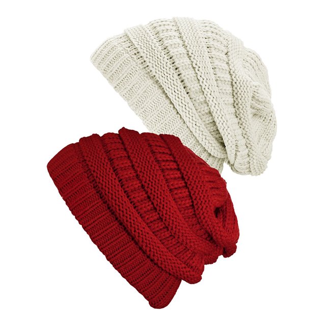 Bonnet Tricoté pour Femmes (2 PACK), Ivoire/rouge