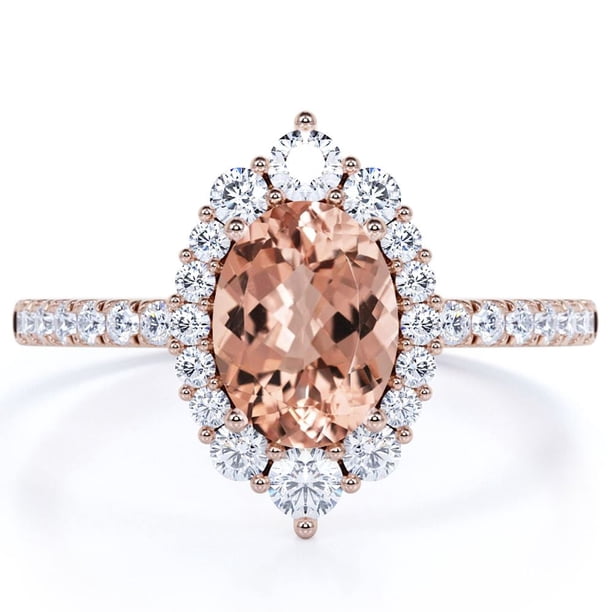 JeenMata Anillo de Compromiso de 1,75 Uds con Halo de Morganita y Moissanita Ovalada Vintage en Oro Rosa de 18 K sobre Plata