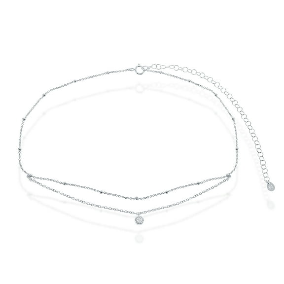Sterling Silver Double Strand Small Beads by the Yard W/Single Bezel Set Cubic Zirconia 12 4'' Choker