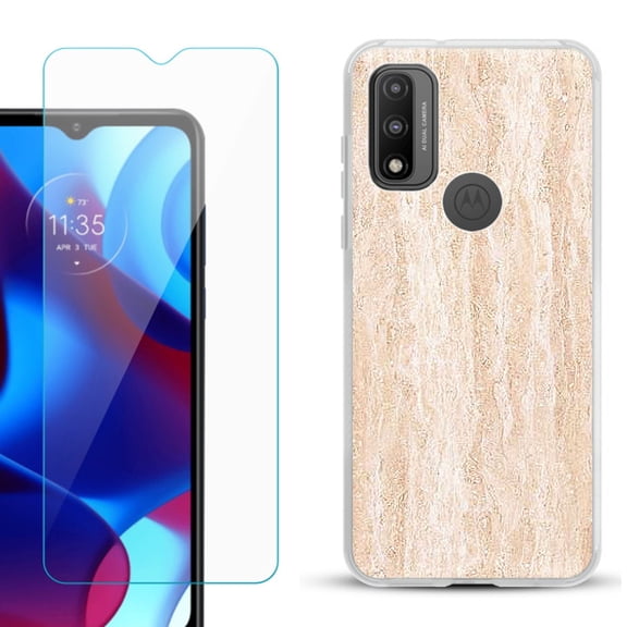 Slim-Fit Gel TPU Phone Case for Motorola Moto G Pure, with Tempered Glass Screen Protector, by OneToughShield ® - Marble/Coffee Tone