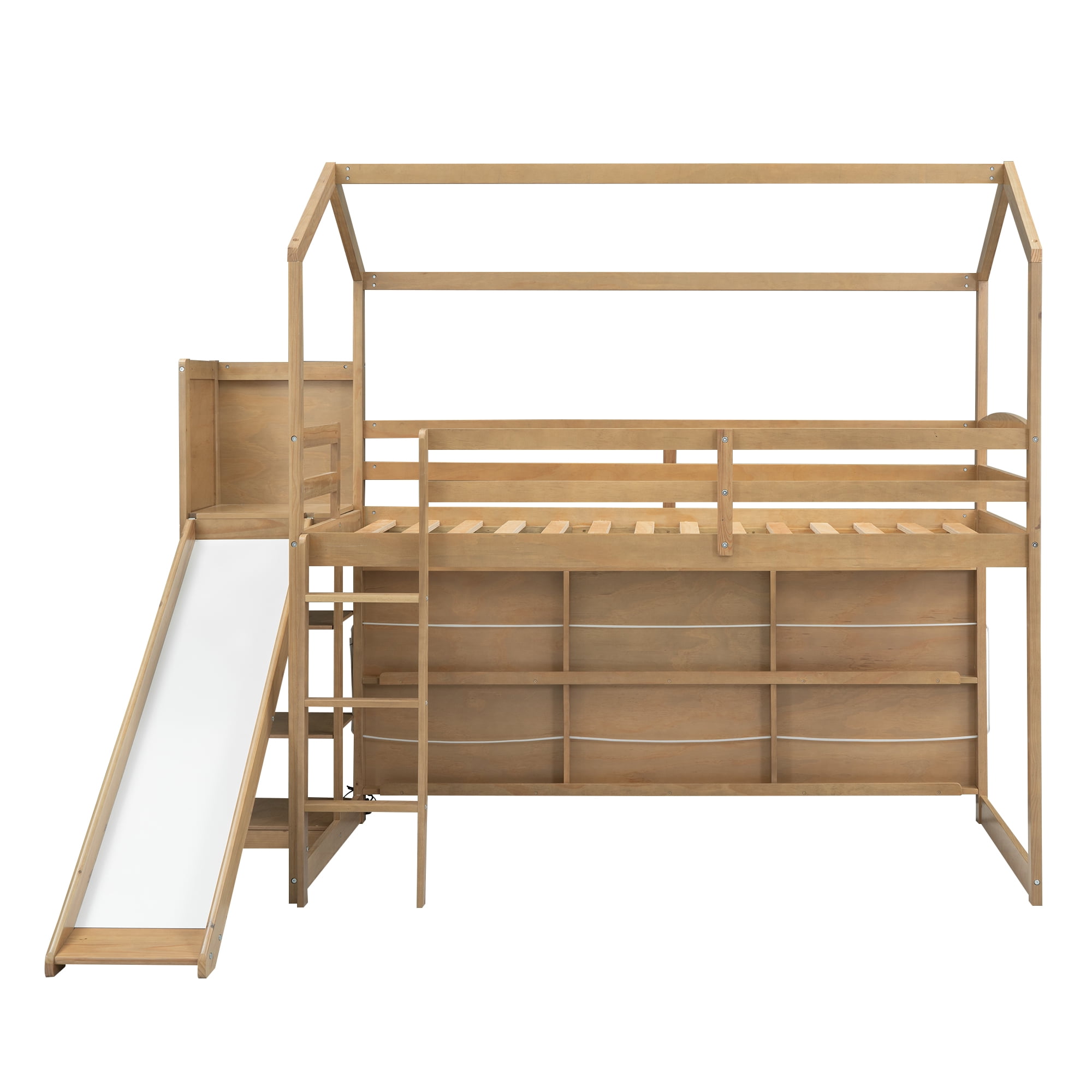 Euroco Wood Twin Size Loft Bed with Shelf and Slide, LED Light Strip and Bookcase for Kids Teens Adults, Wood