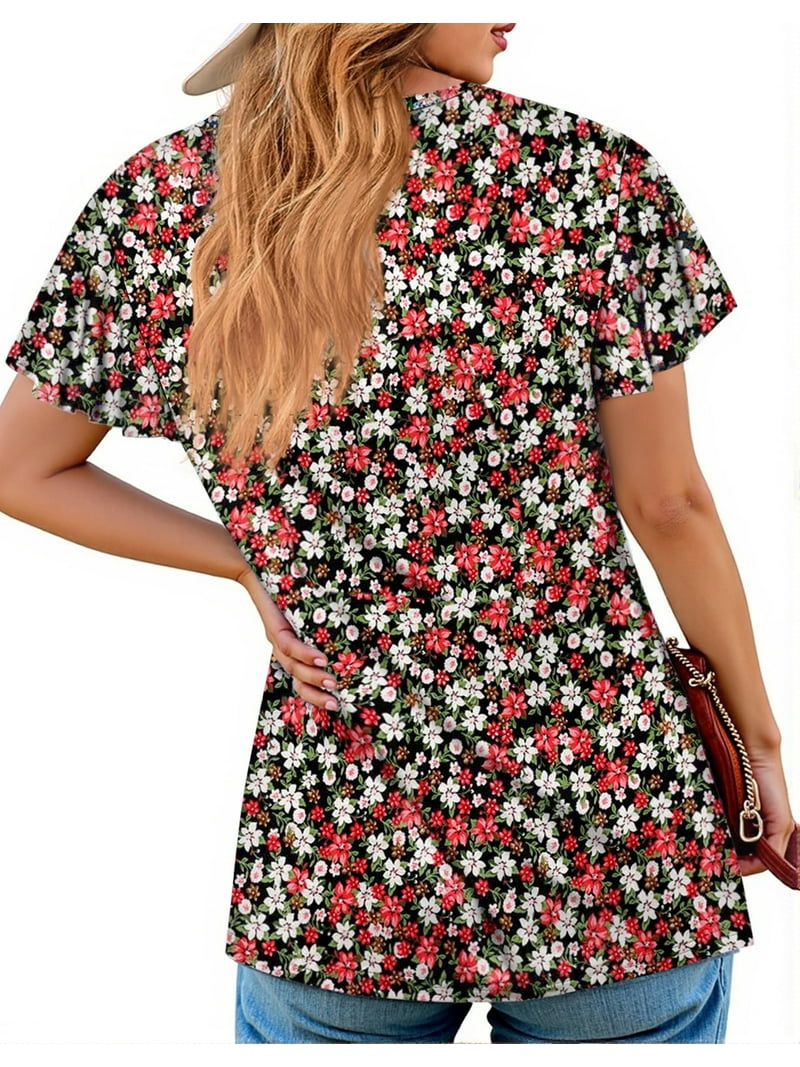 Anyally Women's Chiffon Blouse - V-Neck Short Sleeve Ruffle Tunic Top For Leggings (Red Flower White)
