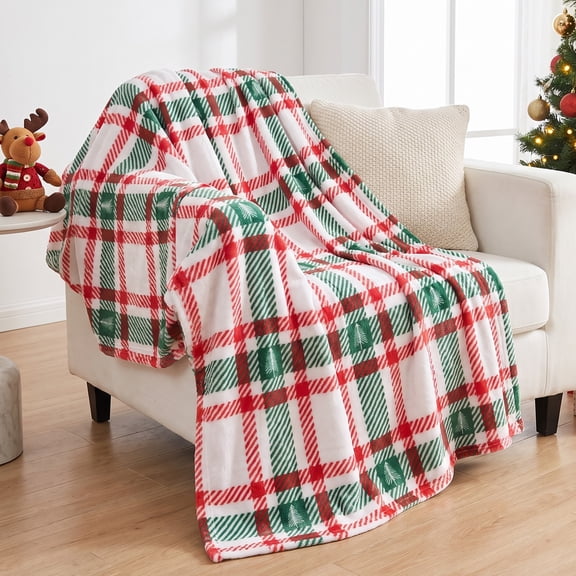 Gogreen Christmas Flannel Throw Blanket, 50"x60" 300GSM Soft Microfiber Cozy Fleece Blanket for Couch Bed, Holiday Decor - Christmas Plaid