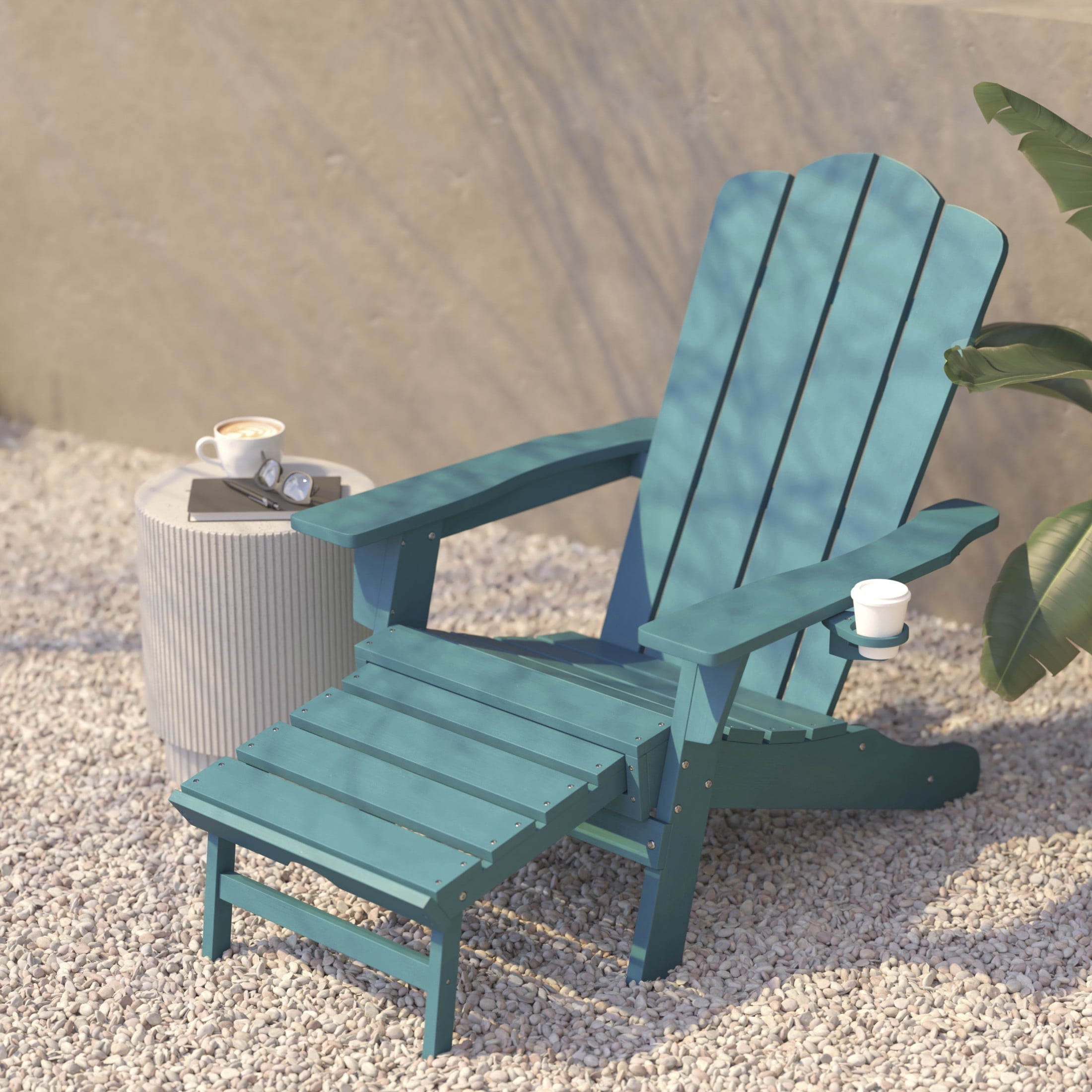 BizChair HDPE Adirondack Chair with Cup Holder and Pull Out Ottoman, All-Weather HDPE Indoor/Outdoor Lounge Chair in Blue