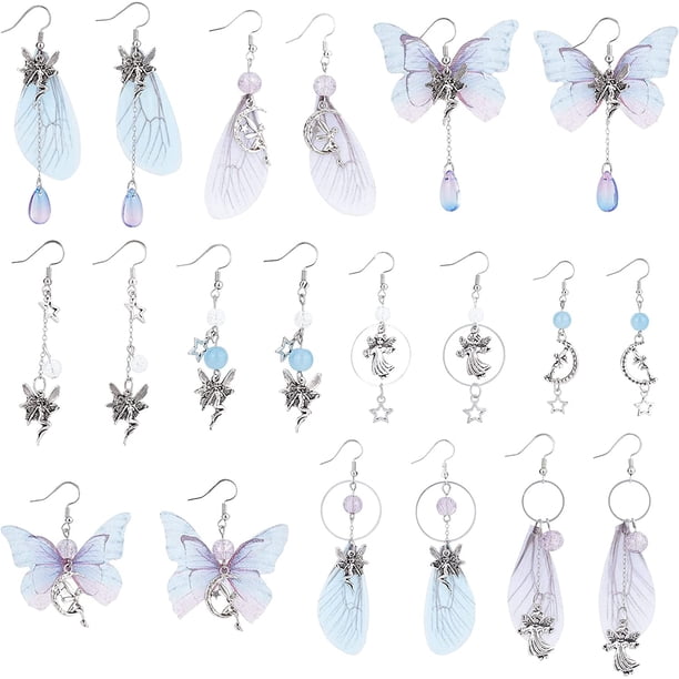 1 caja DIY de 10 pares de dijes de alas de mariposa, kit para hacer aretes con dijes de hadas, tela de organza, dijes de mariposas e insectos
