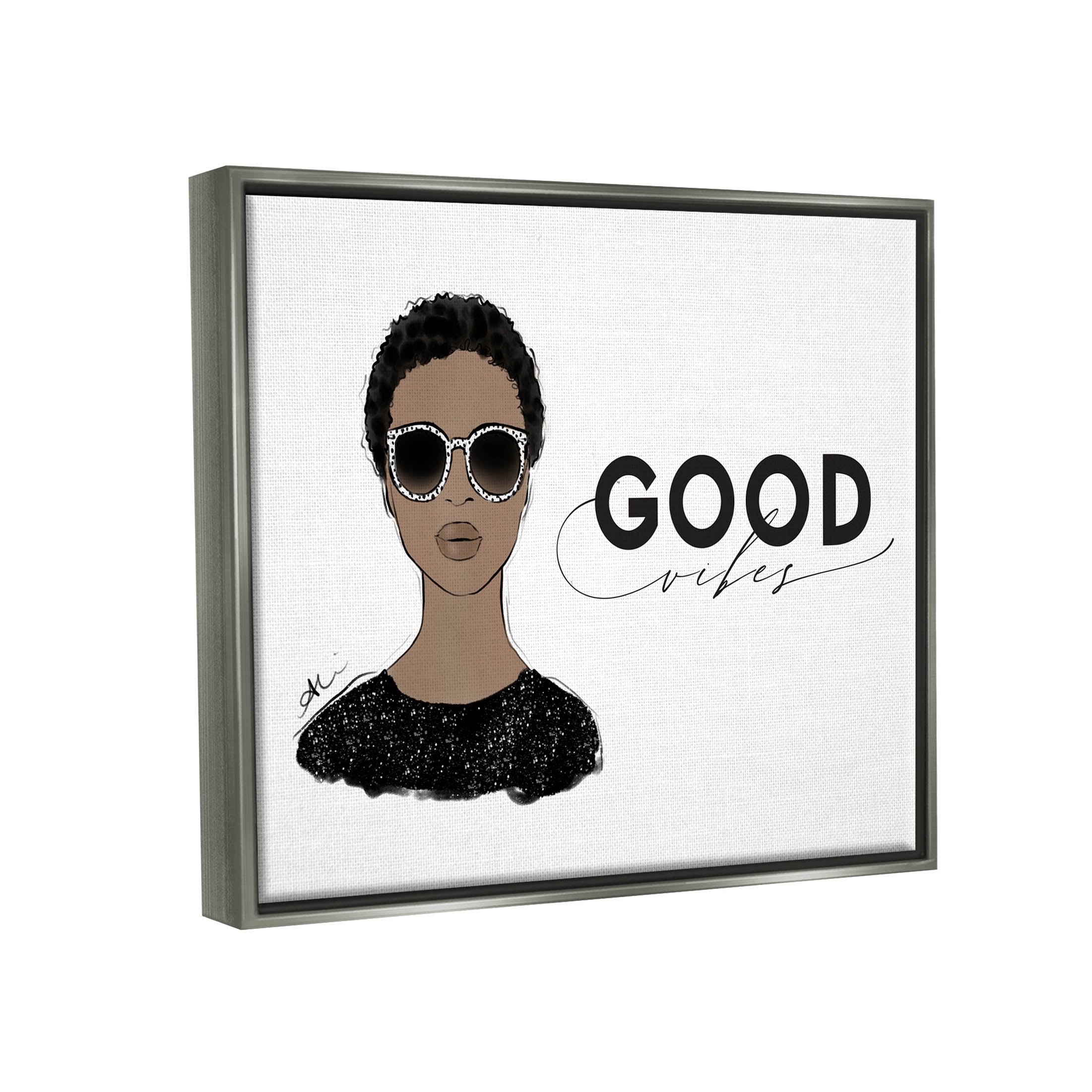 Stupell Industries Good Vibes Glam Portrait Graphic Art Luster Gray Floating Framed Canvas Print Wall Art, Design by Alison Petrie