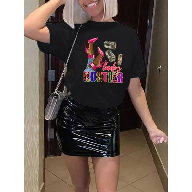 Camiseta para mujer básica veranoCasual Stylish Round-Neck Short-Sleeve T-Shirt for Black Women with Pink High Heels And Money Letter Print.Father's Day, Mother's Day, New Year, Spring Festival, Val