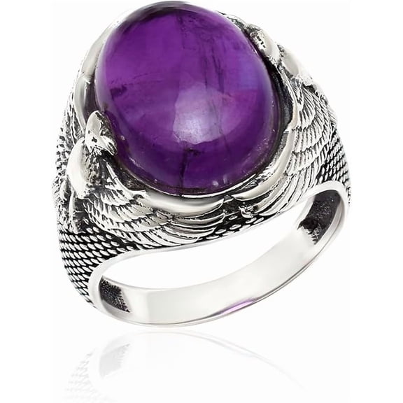 Men’s Amethyst Eagle Ring in 925 Sterling Silver, Handmade Genuine Gemstone Pinky Ring, Bold Silver Jewelry Gift for Him
