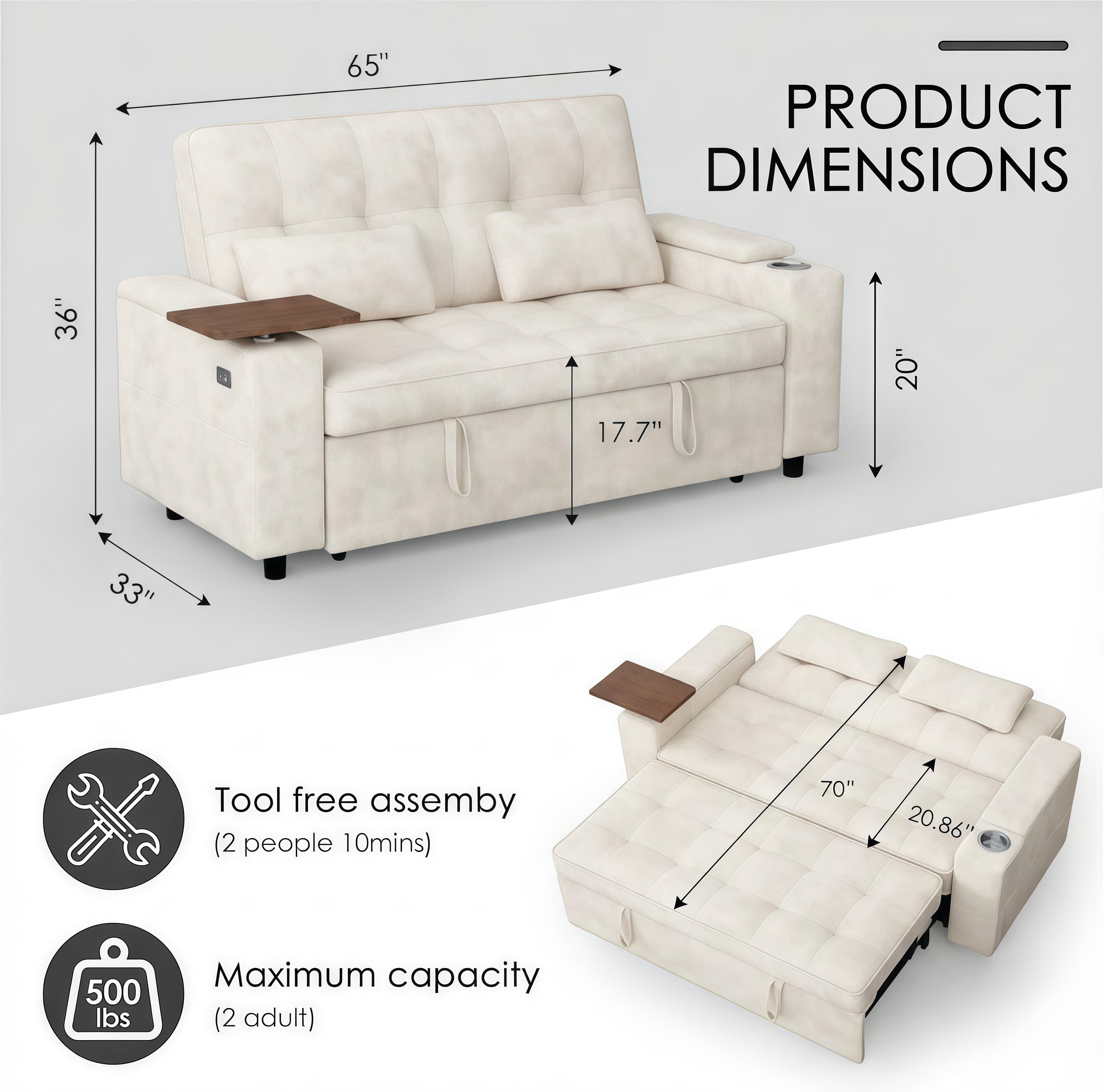 ShiKeyi 65" 3-in-1 Convertible Sofa Bed, Pull Out Loveseat with Chenille Fabric/Hidden storage space/Cup holder, Sleeper Sofa Bed for Living Room, Beige