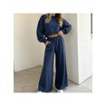 thumbnail image 2 of Zynoxe Women Suits 2 Piece Set with Pockets Classic Round Neck Long Sleeve Crop Sweatshirt & Drawstring Wide Leg Pants Suit Fashion Polka Dot Sweatsuit Set Vacation Outfits for Women Navy S, 2 of 8