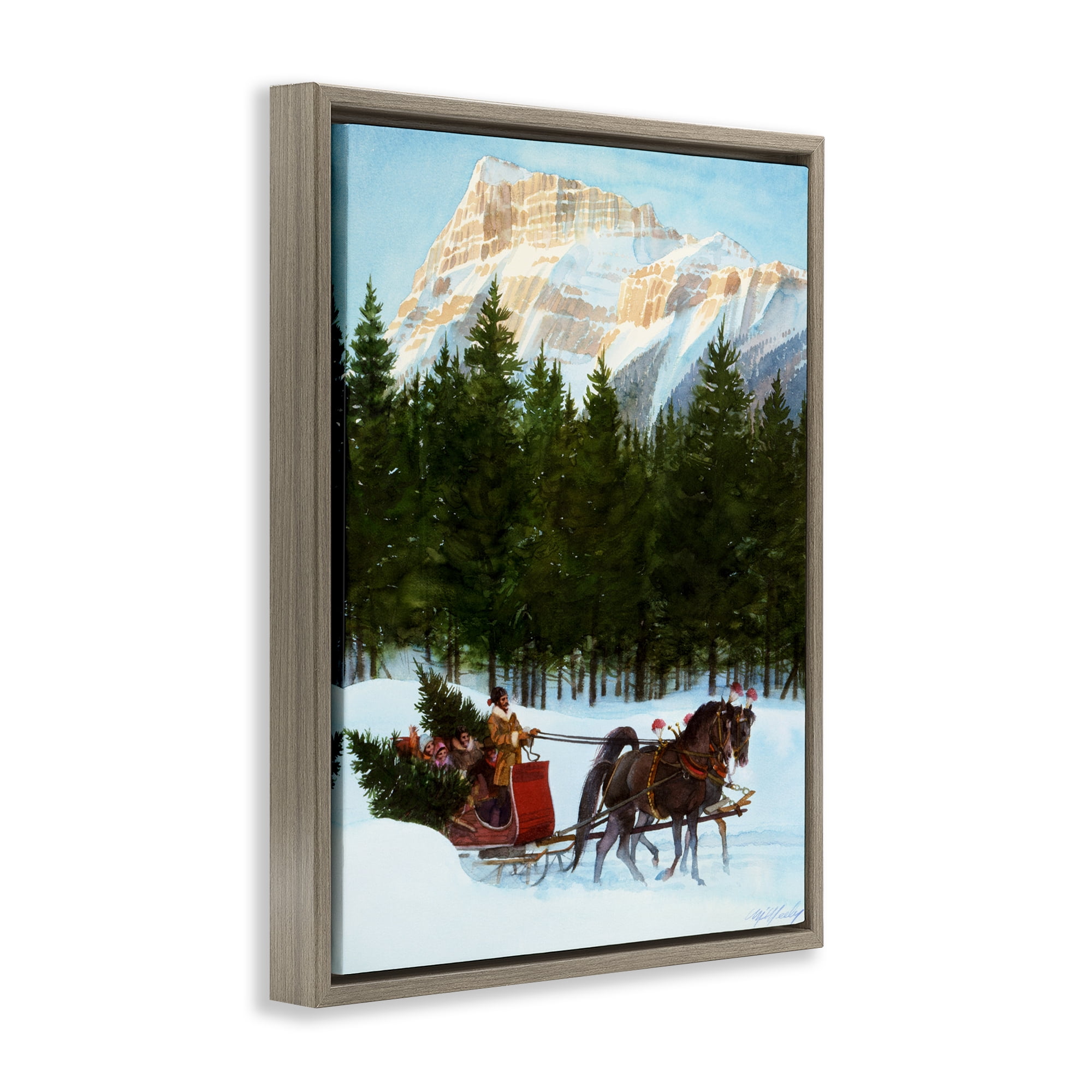 Sleigh Ride Carrying Trees Brown Framed Floater Canvas Wall Art, design by Wind River Studios