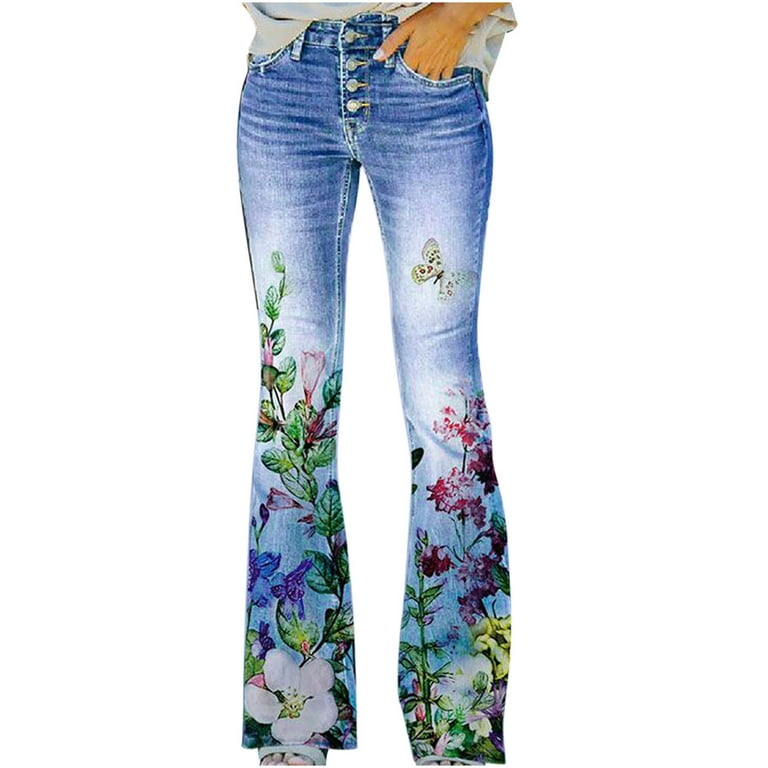 YYDGH Womens Bell Bottom Jeans High Waist Floral Embroidered Faux Denim  Pants Girls Straight Leg Jeans Green 3XL