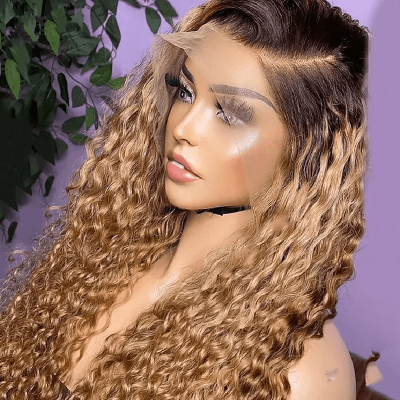 Soft 26 Inch Ombre Brown Blonde Kinky Curly Synthetic Glueless  Hair 180%Density|Lace Front Wig | Preplucked Baby Hair & Heat Resistant | Daily Wig for Women)