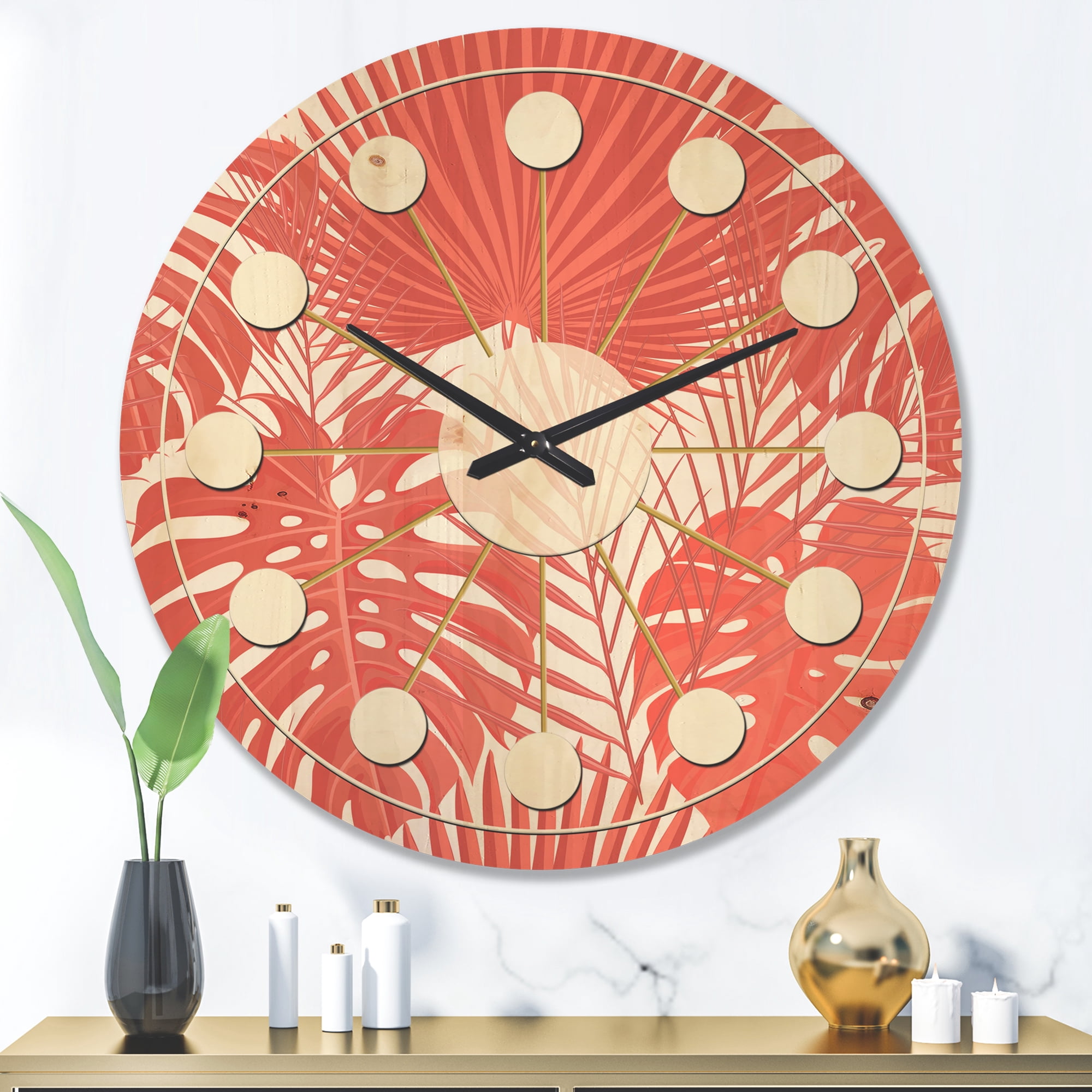 Designart 'Retro Tropical Foliage Coral I' Mid-Century Modern Wood Wall Clock
