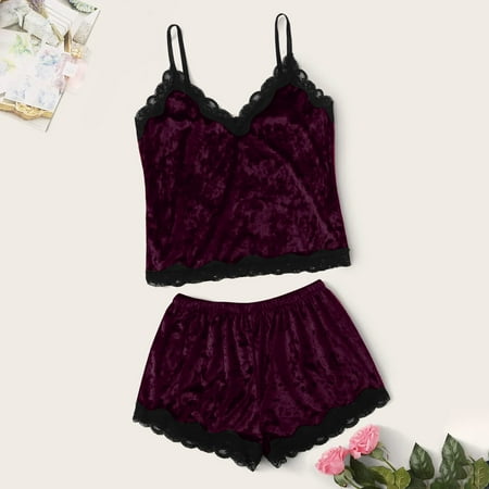 

Women s 2 Piece Pajama Sets Soft Casual Cami and Shorts Pj Set Lingerie Lounge Wine XL
