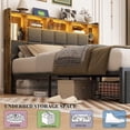 thumbnail image 6 of TIGUBFRE Full LED Bed Frame with Bookcase Headboard, 2 Hidden Storage Drawers, Upholstered Platform Metal Bed Frame with Charging Station, Gray, 6 of 9
