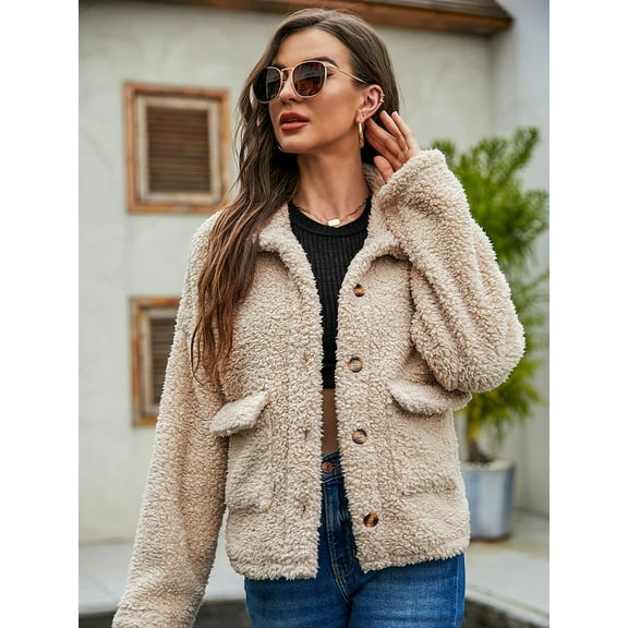 Faux Shearling Button Down Closure Collared Teddy Jacket for Women