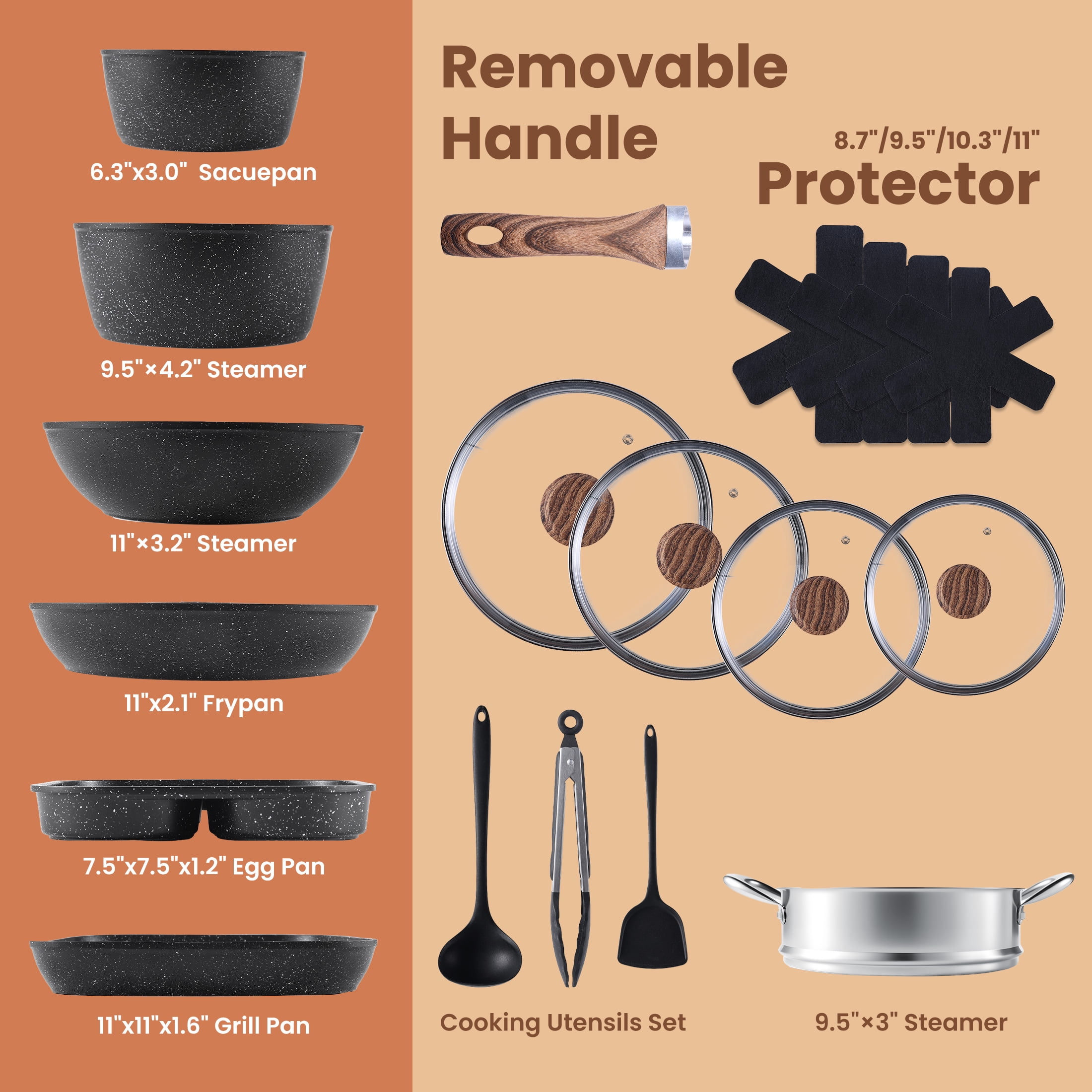 edx 17pcs Non-Stick Cookware Set, Pots and Pans Set with Detachable Handle for Kitchen, Black