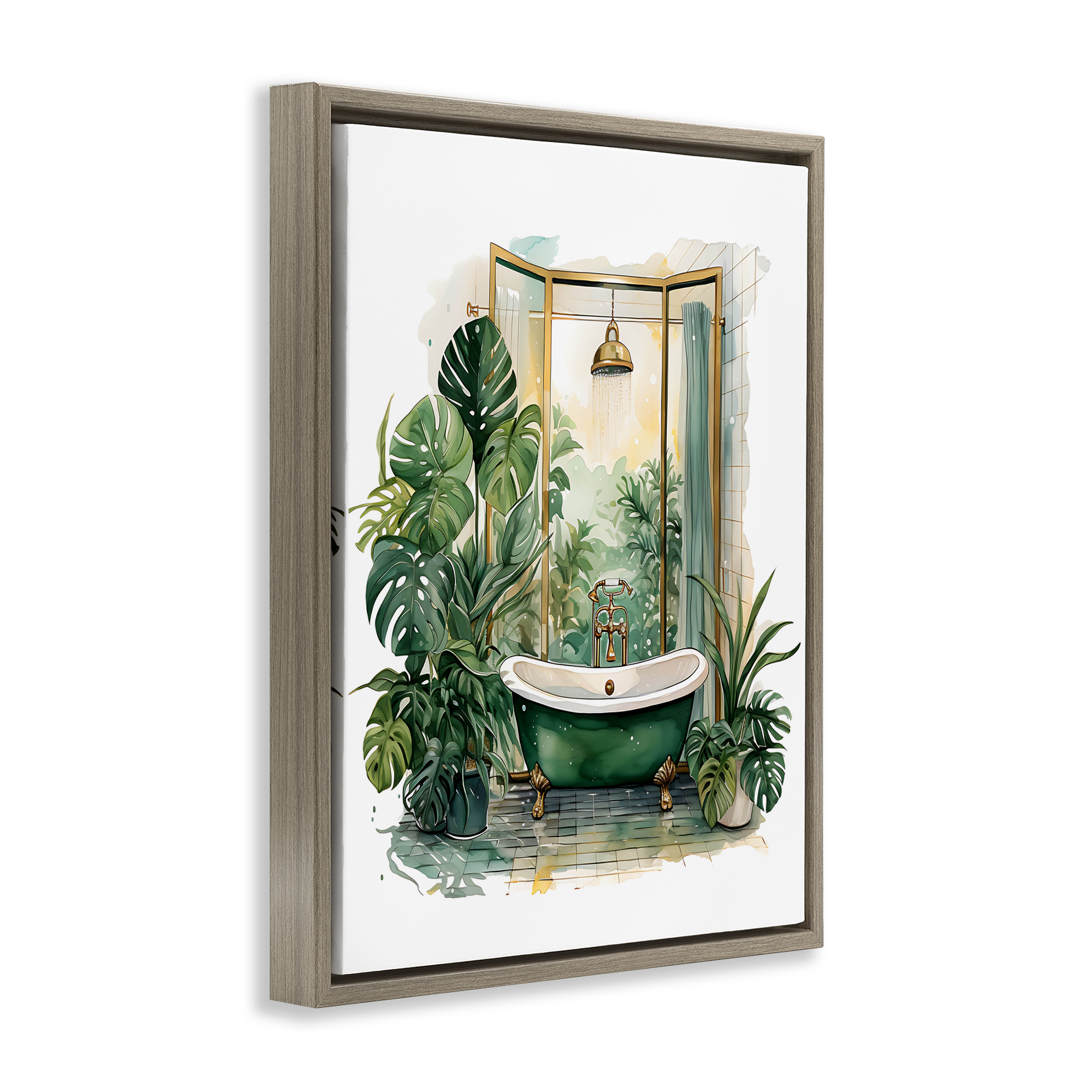 Bathtub in Tropical Oasis Brown Framed Floater Canvas Wall Art, design by Lettered and Lined