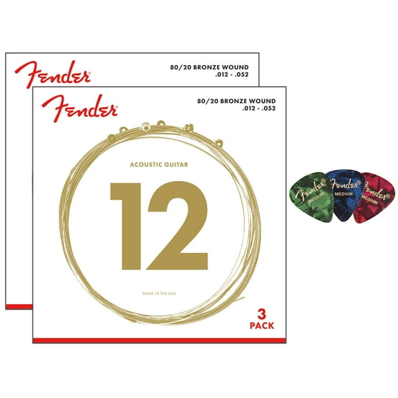 Fender 80/20 Bronze Acoustic Guitar Strings, Ball End - Light .012-.052 - 6 Pack w/ Picks