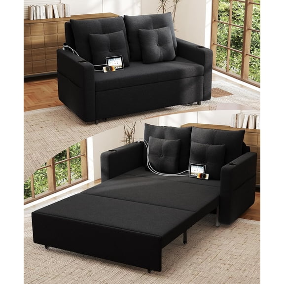 Krcix 3 in 1 Sofa Bed, 56 Inch Convertible Pull Out Couch, Loveseat Sleeper Sofa with Cup Holders, USB, Couch Bed for Living Room, Bedroom, Apartment, Black