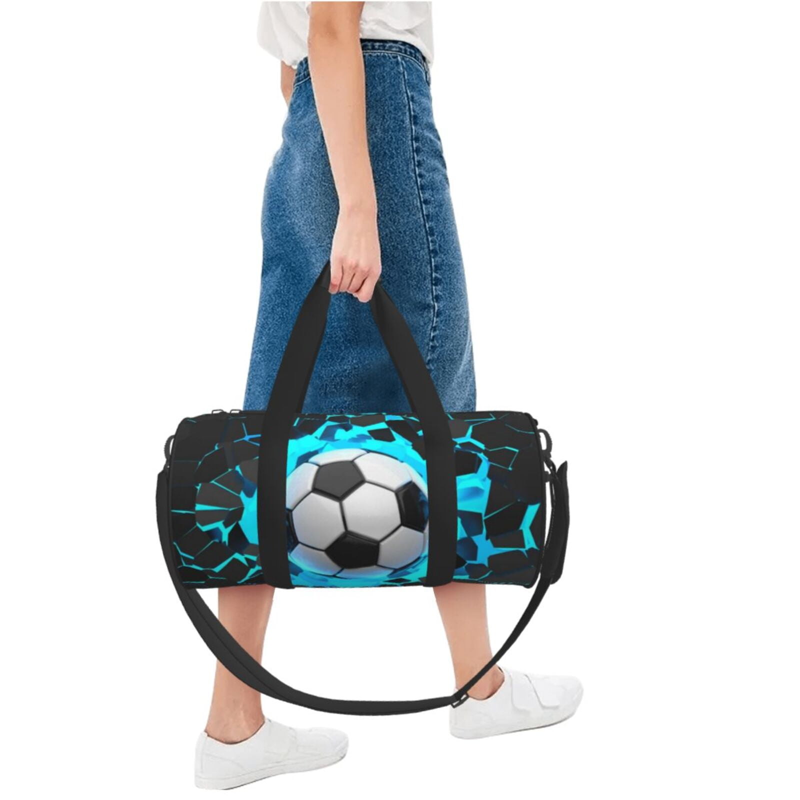 3D Soccer Ball Small Round Sport Duffel Bag,Crash Lighting Wall 17" Shoulder Airport Travel Bag, Men Women Weekender Overnight Sleepover Carry-On Personalized Tote Pouch