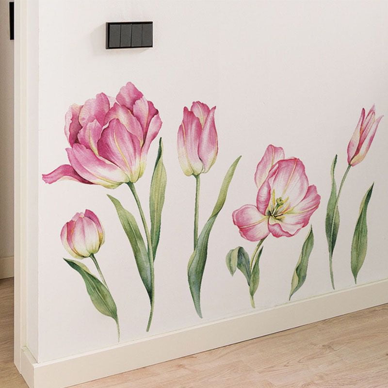 Tulip Flowers Wall Decals Garden Floral Wall Art Stickers Bedroom Living Room Home Decor Gifts for Mom Removable DIY Art Wall Decors Mural for Kids Bedroom, Baby Nursery, Bathroom