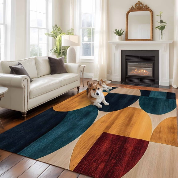 5'x8' Area Rugs, Navy Blue Boho Orange Indoor Outdoor Area Rug for Living Room Bedroom, Geometric Circle Abstract Art Washable Bathroom Rugs Kitchen Floor Carpet Mats Home Decor Aesthetic