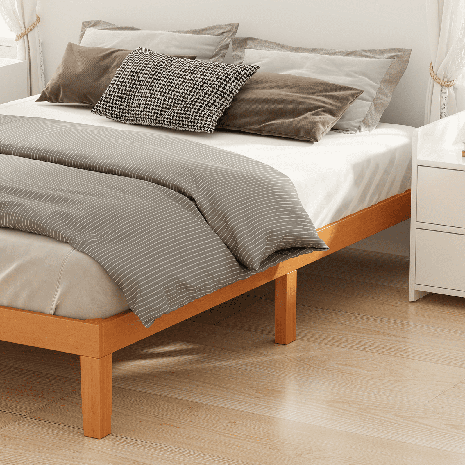 MAYEERTY Queen Wood Bed Frame - Natural Pine, Support Slats, Mattress Foundation​